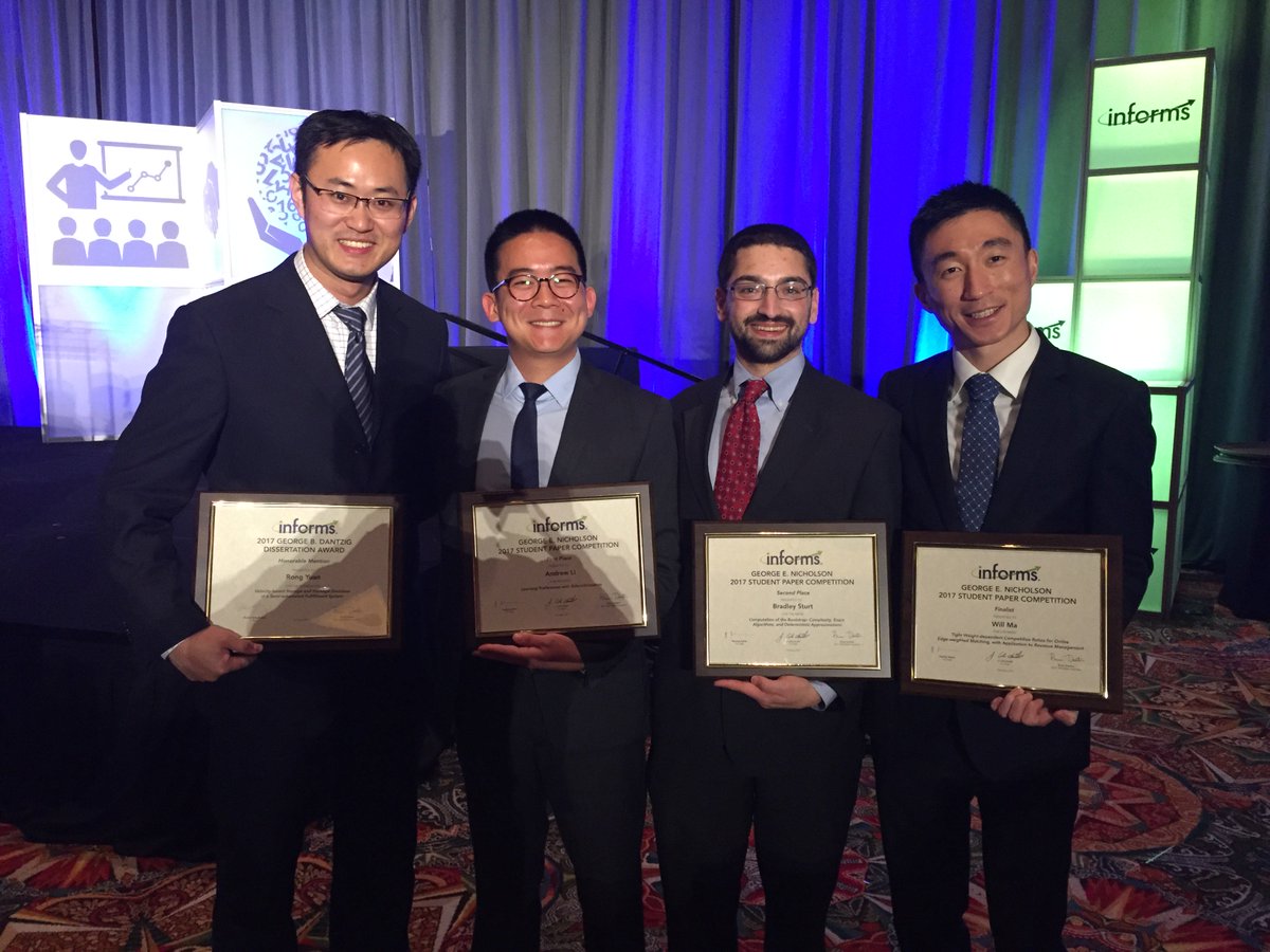 ORCenter's tweet image. Congrats to Andrew, Brad, &amp;amp; Will - 1st, 2nd, &amp;amp; Finalist for the Nicholson Award &amp;amp; Rong receiving HM for the Dantzig Award! #Informs2017