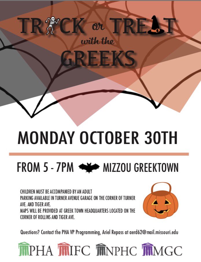 MizzouPHA's tweet photo. Happy Halloween, Columbia residents! @MizzouGreekLife is so excited for Trick or Treat with the Greeks🍬🎃 https://t.co/Kq5MUHS7DZ