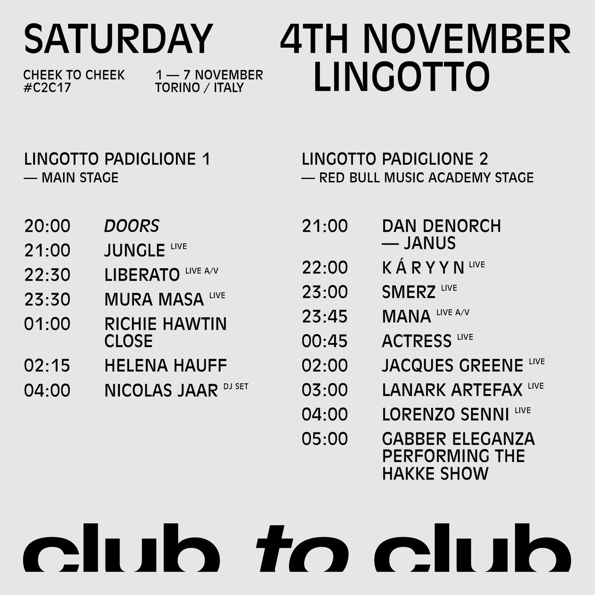 ClubToClub's tweet image. Here are full set times for #C2C17! 💃