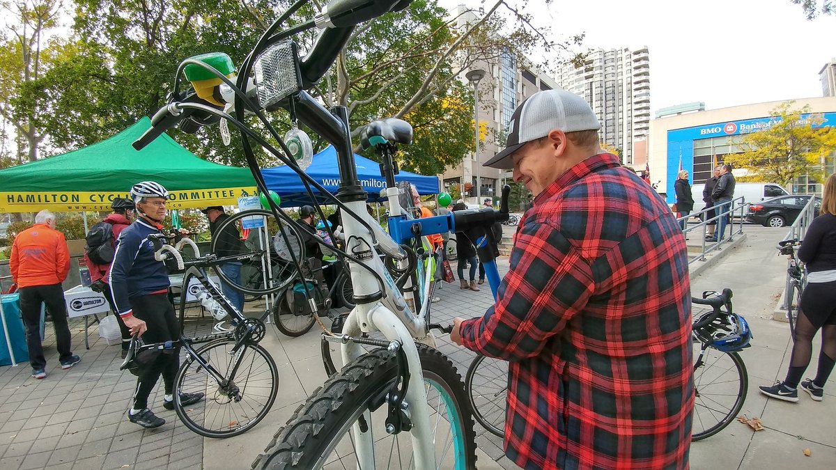 NewHopeBike's tweet photo. A happy wrench. FREE tune ups till 1:30 at Main and Bay st. Beautiful day to open a bike lane. #hamont #hamontbikes #newhopebike https://t.co/ouLr97Ljlo