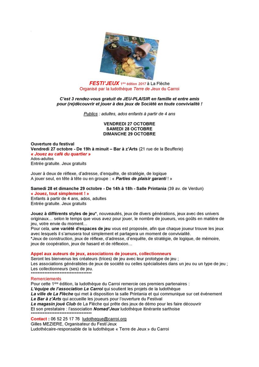 2JenJ's tweet photo. Horaires de FESTI'JEUX à La Flèche: 19h-minuit ce soir, 14-18h samedi et dimanche.  Jetez un oeil au programme ! https://t.co/wAPwTuMDqe