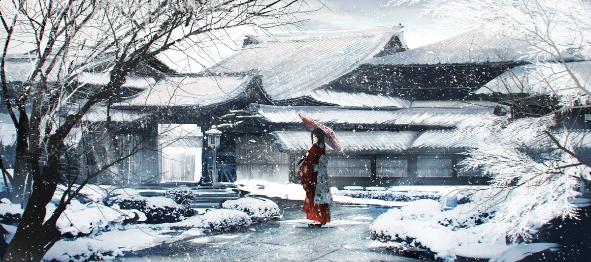 1girl snow umbrella solo kimono japanese clothes tree  illustration images