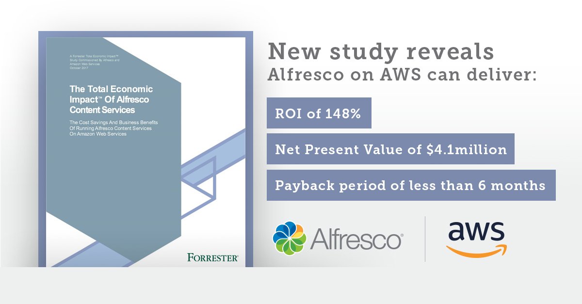 Alfresco's tweet photo. New @Forrester TEI shows a move from legacy #ECM to Alfresco on @awscloud can deliver significant cost savings https://t.co/Gbj1c9wo50 https://t.co/c5mqH4yzV5