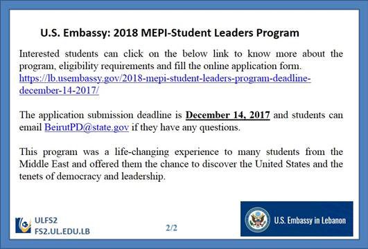 ulfsc2's tweet photo. U.S. Embassy: 2018 MEPI-Student Leaders Program
#us #embassy #lebanon
#ulfs2 #ulfsc2 #ul #lu
#الجامعة_اللبنانية #كلية_العلوم #الفرع_الثاني https://t.co/6pYDNF90c1