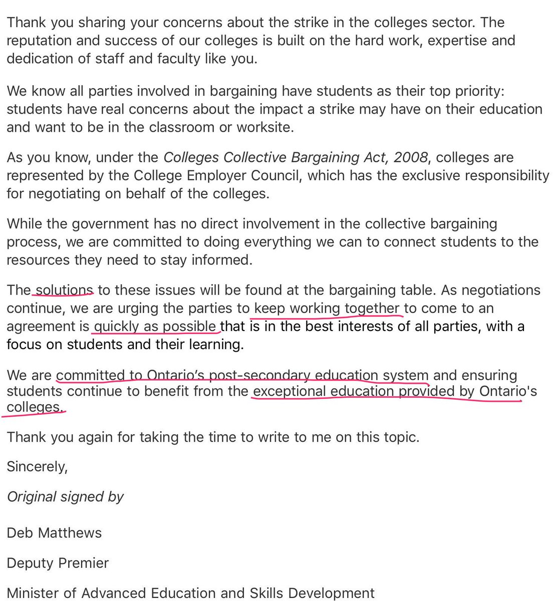 mspencer09's tweet photo. Response from @Deb_Matthews. Emphasis added by me. #sandwichmethod. Still need #aBetterPlan https://t.co/We9SlA6LZU
