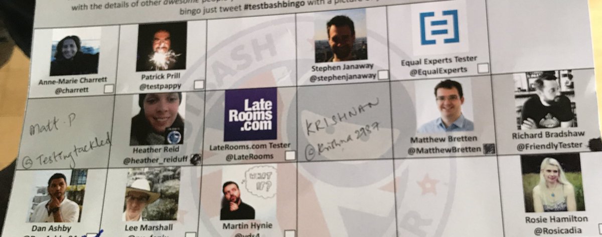 AdaptableTester's tweet photo. 1 laterooms tstr away frm calling
#testbashbingo
@FriendlyTester
@heather_reiduff
@matthewbretten
@dovesain
@testingtackled
@krishna2987 https://t.co/pFkqTQ1FZf
