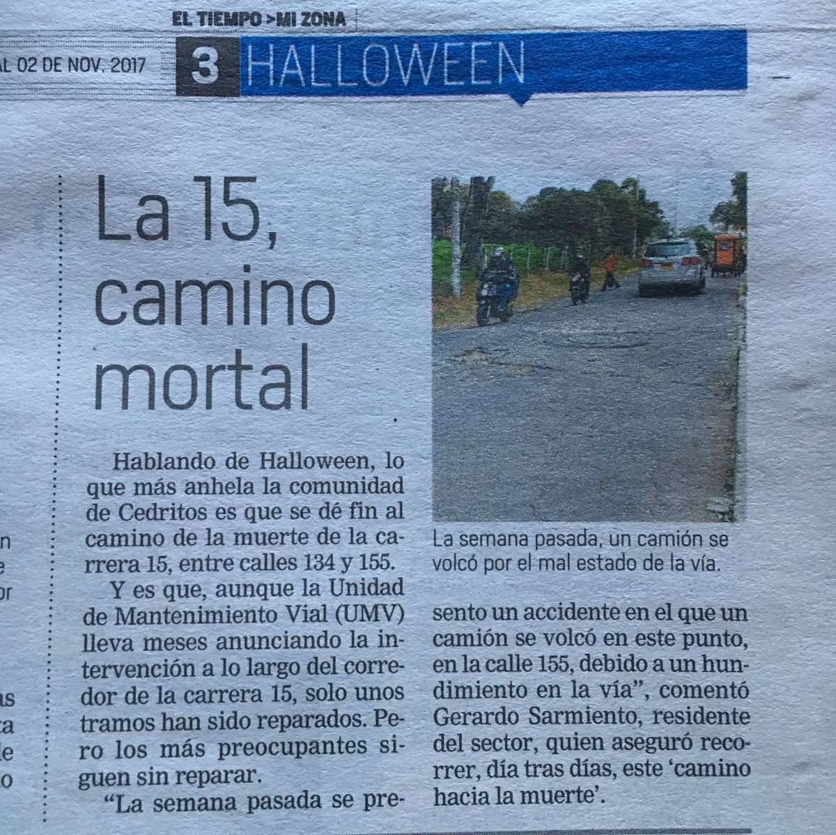 Totalmente de acuerdo con <a href="/ELTIEMPO/">EL TIEMPO</a> :
La <a href="/UMVbogota/">Unidad de Mantenimiento Vial (UMV)</a> protagoniza días y noches de terror por su mediocre gestión en la cra 15 entre 151y134.