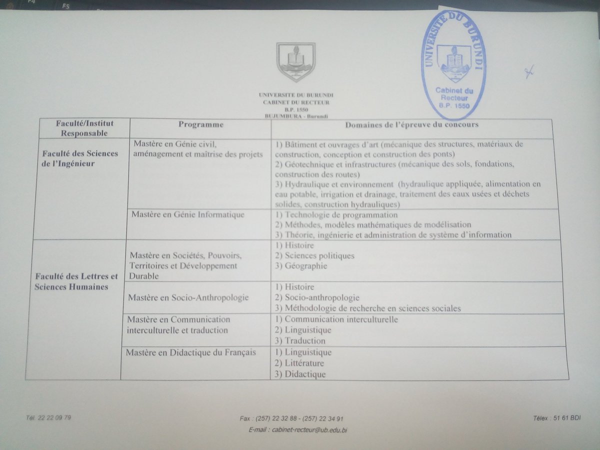 UB_Rumuri's tweet photo. Domaines qui feront objet d'Examens dans le cadre du concours d'admission aux programmes de Master de l'Université du Burundi AA2017-2018 https://t.co/k4NOdQtxKV