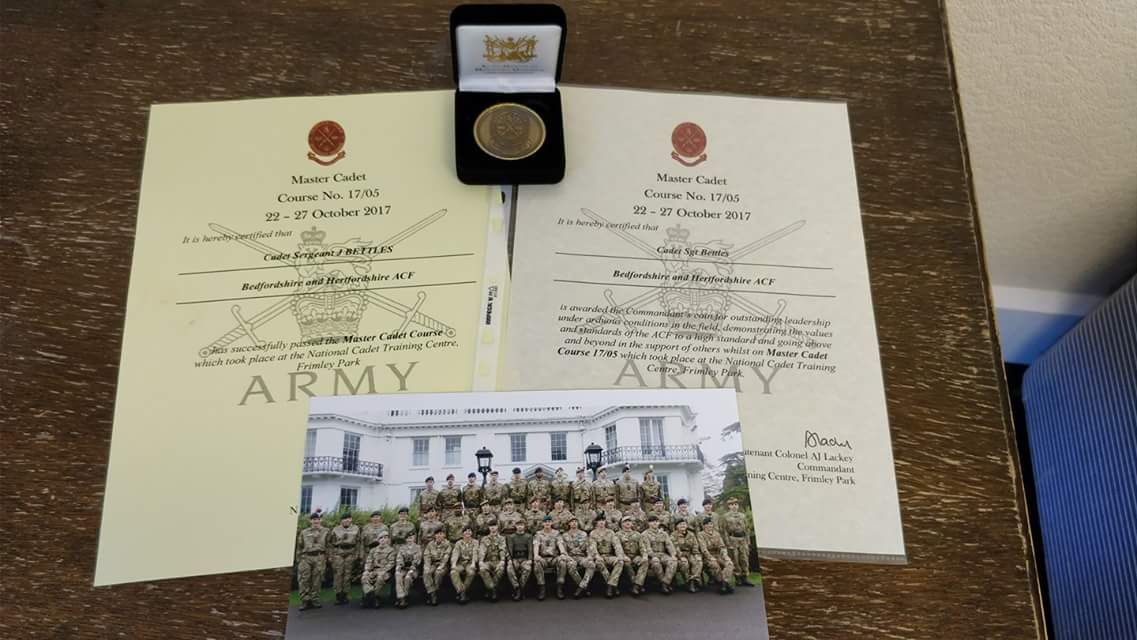 Well done Cdt Sgt Bettles, Beds&amp;Herts ACF, Commandant's Coin award for outstanding leadership at Master Cadet 17/05