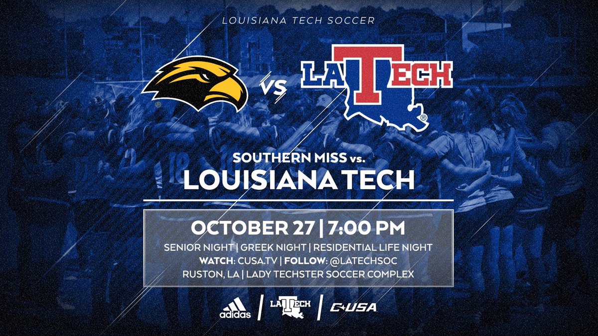 ⚽️G.A.M.E.D.A.Y⚽️

📍 Lady Techster Soccer Complex
🆚 Southern Miss
⏰ 7:00 PM
🎓 Senior Night
FREE🎟 • FREE🍕 • FREE👕

<a href="/LATechSOC/">LA Tech Soccer ⚽</a> | #FillTheHill