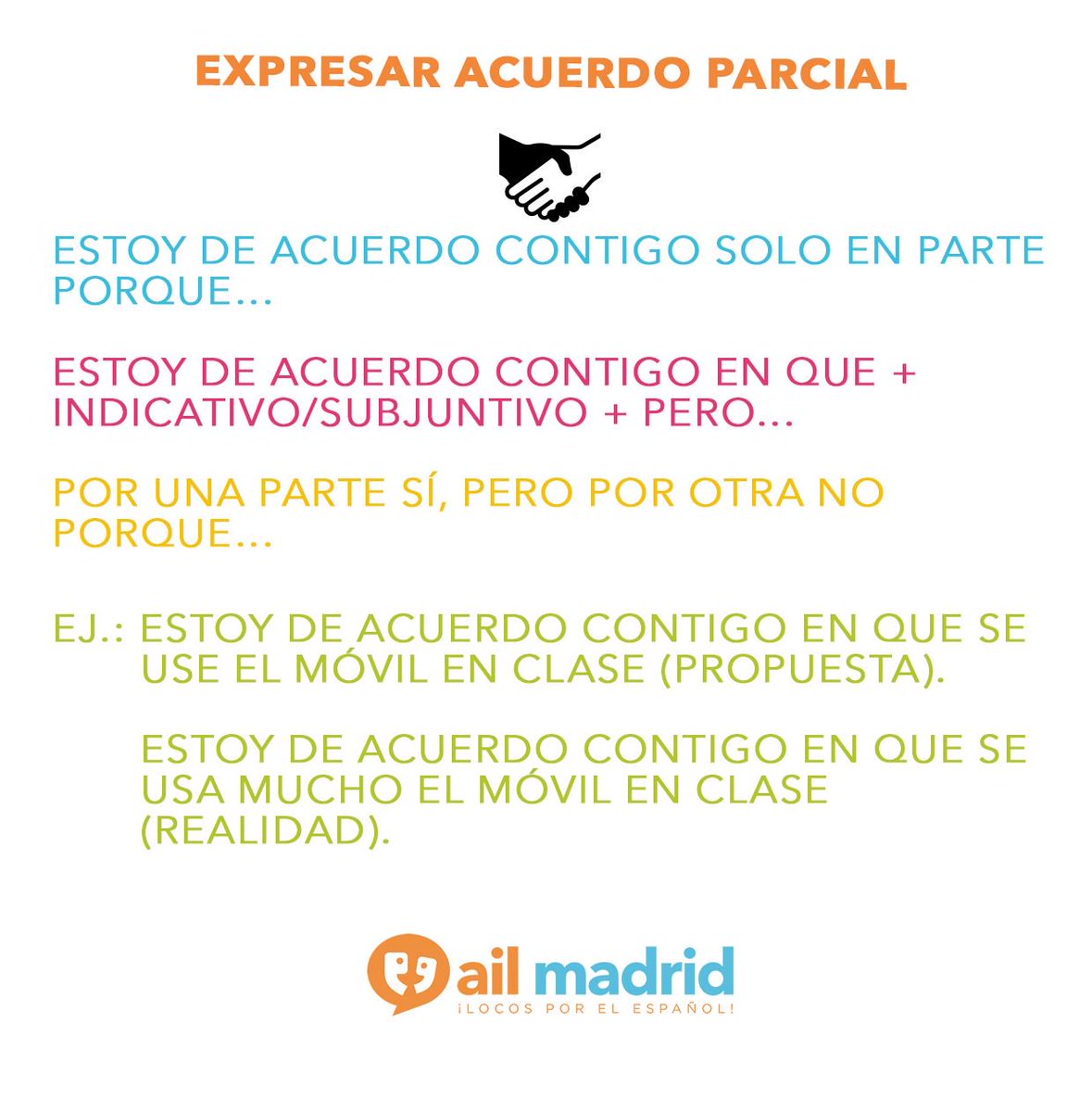 AILMadrid's tweet photo. ¿Quieres conocer la manera en que expresamos un acuerdo parcial?  ¡Échale un ojo! #learnspanish #aprendeespañol #practisespanish #profedele https://t.co/EpahKSbIdA