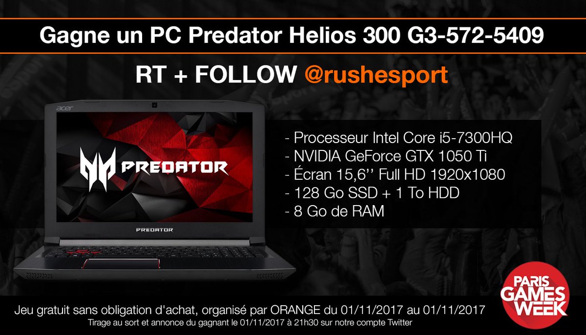 💥 Concours #OrangePGW n°1 💥

👉 RT+FOLLOW @rushesport pour tenter de gagner un PC @acerfrance #PredatorGaming ! #PGW
