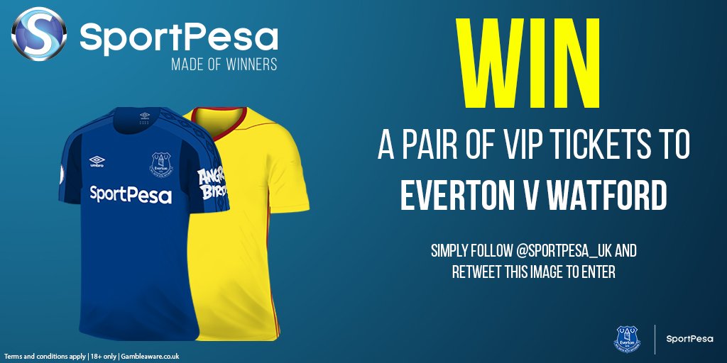 SportPesa_UK's tweet image. WIN: We have a pair of hospitality tickets to @Everton v Watford to give away.

FOLLOW us and RETWEET this image for your chance to win.