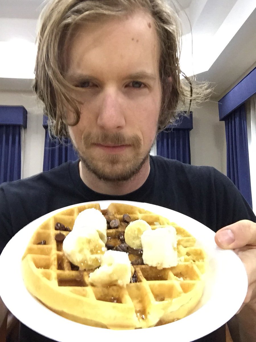 baggageHQ's tweet photo. I finally slept a normal amount of time and made myself banana chocolate chip waffles because Iβm a wild boy. 6 dudes, 1 room. #roadtofest https://t.co/QS4EXzB4lY