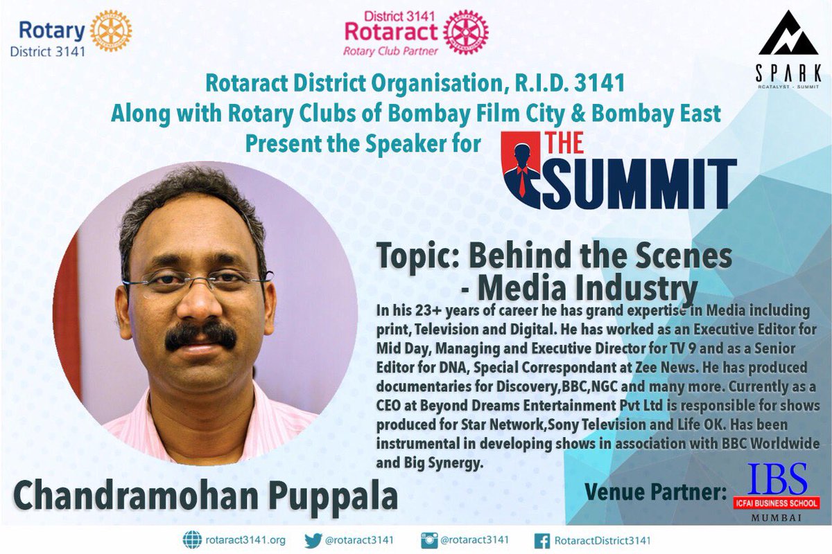 Rotaract3141's tweet photo. Presenting to you the Third speaker for The Summit 2017
Mr. Chandramohan Puppala
#RotaractMumbai #Rotaract50 #Spark #Summit2k17 #RID3141 https://t.co/xsSpPcZ9FX
