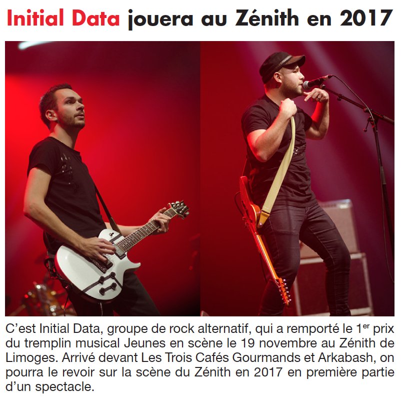 TerreActu's tweet photo. #Agenda Le groupe #InitialData, vainqueur 2016 du #JeunesEnScène @LimMetropole, jouera le 12/11 en première partie du groupe @texastheband https://t.co/8BwdXYlGEd