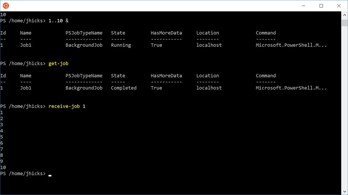 JeffHicks's tweet image. Love how easy to push a #PowerShell command to a background job. Works in Win10 as well. #PSLinux #PSCore