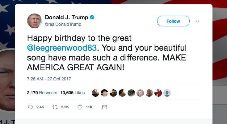 Trump messages happy birthday at random Lee Greenwood instead of country music star:   