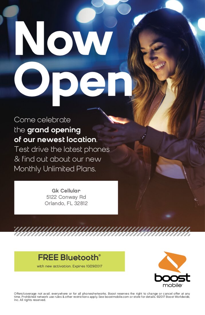 giancarlocv77's tweet photo. Grand Opening of #BoostMobile #GKCellular 5122 S Conway Rd. Orlando Sat 28th 12-2pm @gfresse @BoostMobile_CW @Salsa981orlando @VictoriaVIP22 https://t.co/8C6DOSRx0s