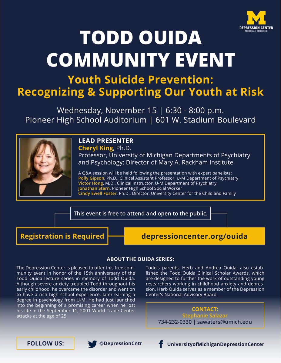 The U o f M Depression Center is hosting a presentation on Youth Suicide Prevention. The event is free but registration is required.