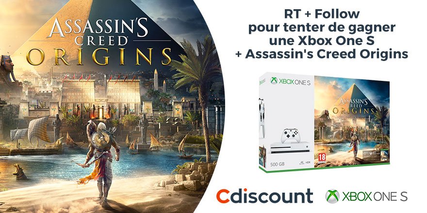 Cdiscount's tweet photo. 🎁 #Concours

🎮  Xbox One S + #AssassinsCreedOrigins > https://t.co/6nzrPIvMEm  

📅  Pour participer
RT + Follow @Cdiscount

📢 TAS 02/11 https://t.co/1XrYqVN3mO