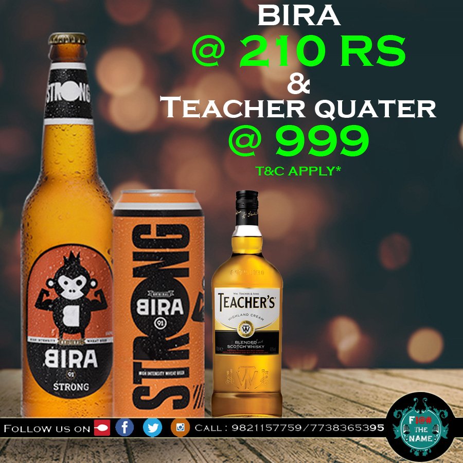 ftnmalad's tweet photo. OFFER! OFFER! OFFER!
Bira @210 RS. and Teacher Quater 999 RS.

For reservations contact us at – 9821157759

#Mumbai #Food #Cocktails #FTN https://t.co/w8vEcyIsRz