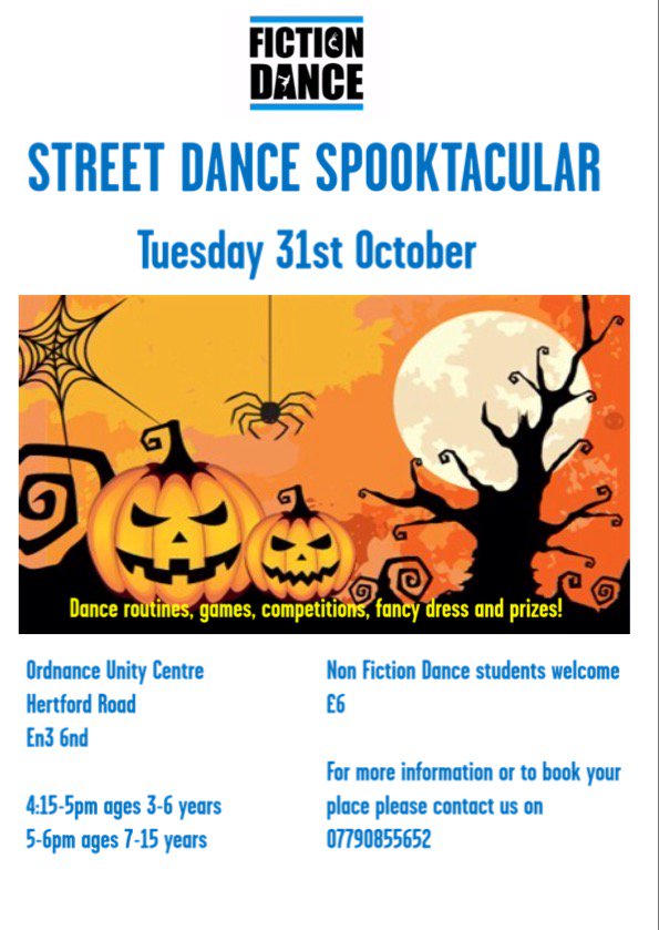 FictionDance's tweet photo. So excited for this next week! 🎃
#fictiondance #fancydress #streetdancespooktacular #enfield #kids #dance https://t.co/HbZJAQQT7D