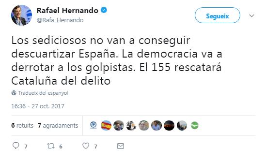3CatInfo's tweet photo. Rafael Hernando acusa els diputats que han aprovat la resolució independentista de "colpistes" i avisa que la "democràcia els derrotarà" https://t.co/srKbqKD5A3
