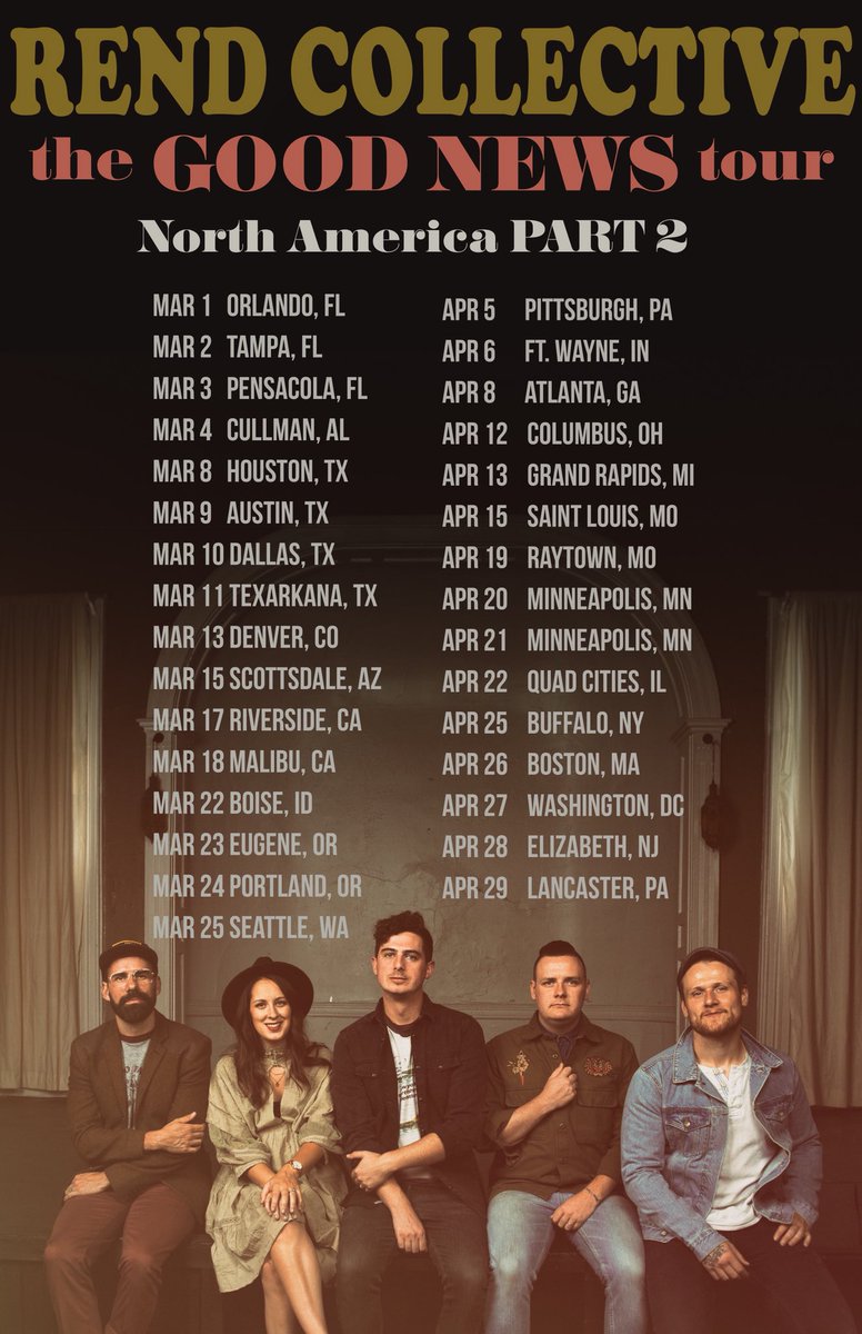 rendcollective's tweet photo. Well folks! It’s the moment you’ve all been waiting for... PART II of #TheGoodNewsTour! https://t.co/YdNmpV3s8T