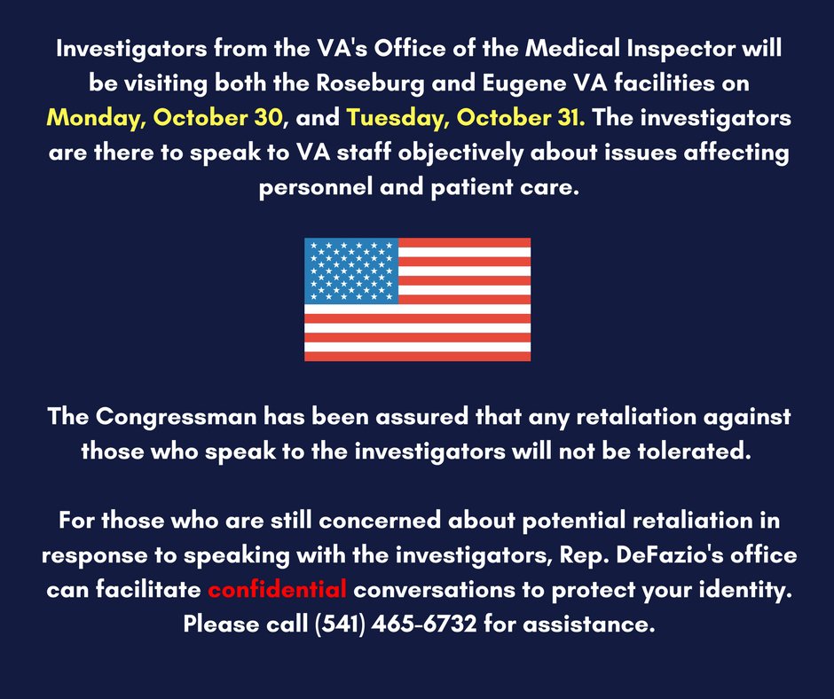 RepPeterDeFazio's tweet photo. Investigators from the VA's Office of the Medical Inspector will be visiting both the Roseburg and Eugene VA facilities next week: https://t.co/VRh3A9Mb9C