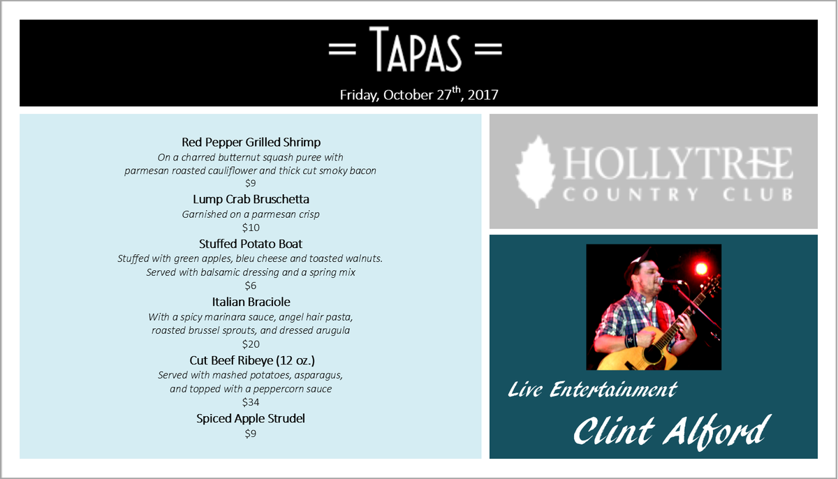 HollytreeTyler's tweet photo. Members - join us tonight for tapas and live music #HollytreeCC #TylerTX #Tapas #LiveMusic https://t.co/6qhwqzwtWC
