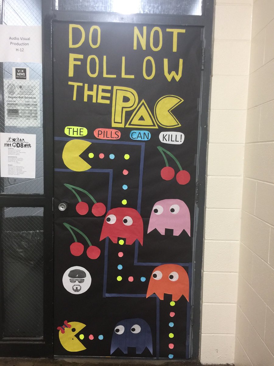 ProfessaahS's tweet photo. My students did a fine job on the a/v production studio door. We won first place! #redribbonweek2017 @ThinkCTE @BradleyCentral #windoughnuts https://t.co/K6ZDeMFHWx
