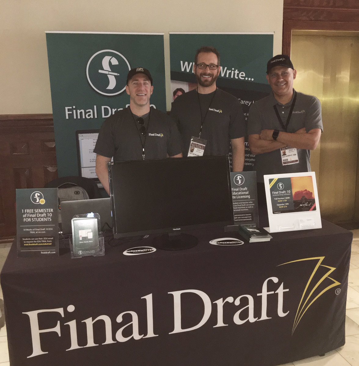 finaldraftinc's tweet photo. Come say hello to our team at @austinfilmfest Pete, Product Mgr & Host of #WriteOn, Ted of Studio Sales & Alejandro of EDU!
#AFF17 https://t.co/jpt9nvwG58