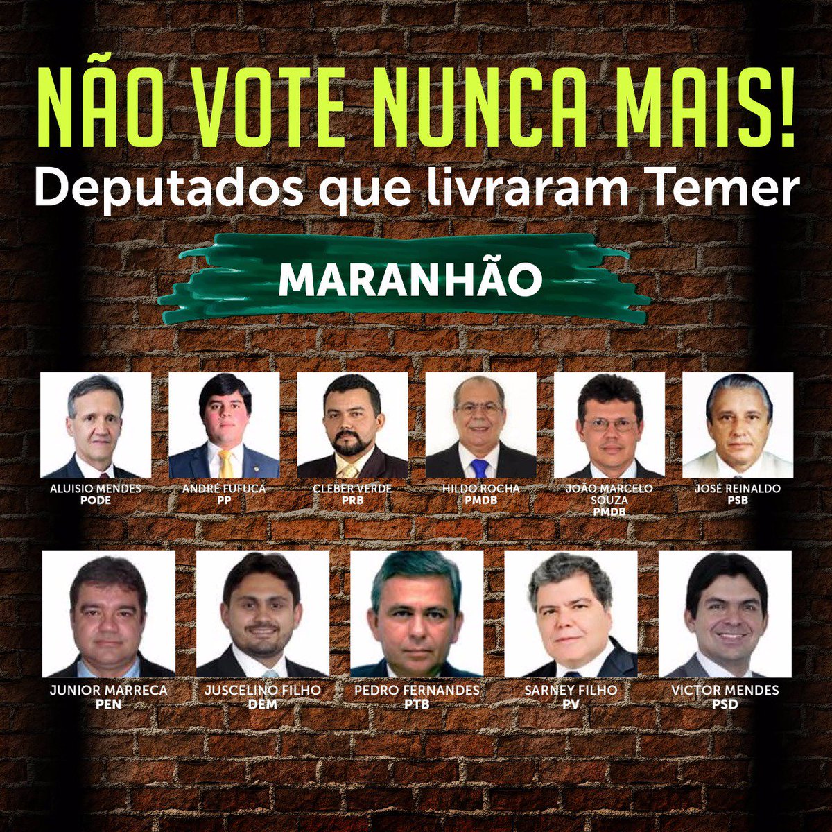 PTnaCamara's tweet photo. Veja os deps do Maranhão que livraram Temer
Lembrete:bancada toda do @PTnaCamara votou pela investigação #PraSalvarOBrasilForaTemer #LulaDay https://t.co/aHA4XIXf1f