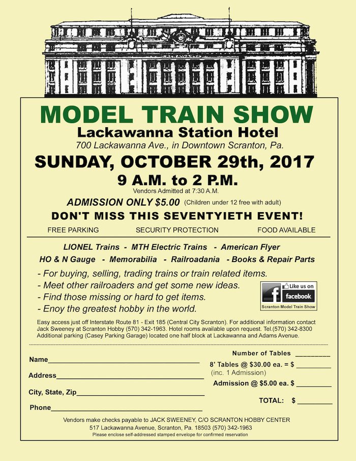 SCRANTON MODEL TRAIN SHOW, THIS SUNDAY 10/29/17 RADISSON @ LACKAWANNA STATION, DOWNTOWN SCRANTON, PA. 9AM TO 2PM. #TRAINSHOW