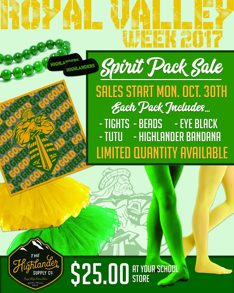 Act4Royal's tweet photo. As always The Highlander Supply Co. has you covered for all your spirit needs. Gear up for Royal Valley Week with an official Spirit Pack! https://t.co/XLkHW4eryT