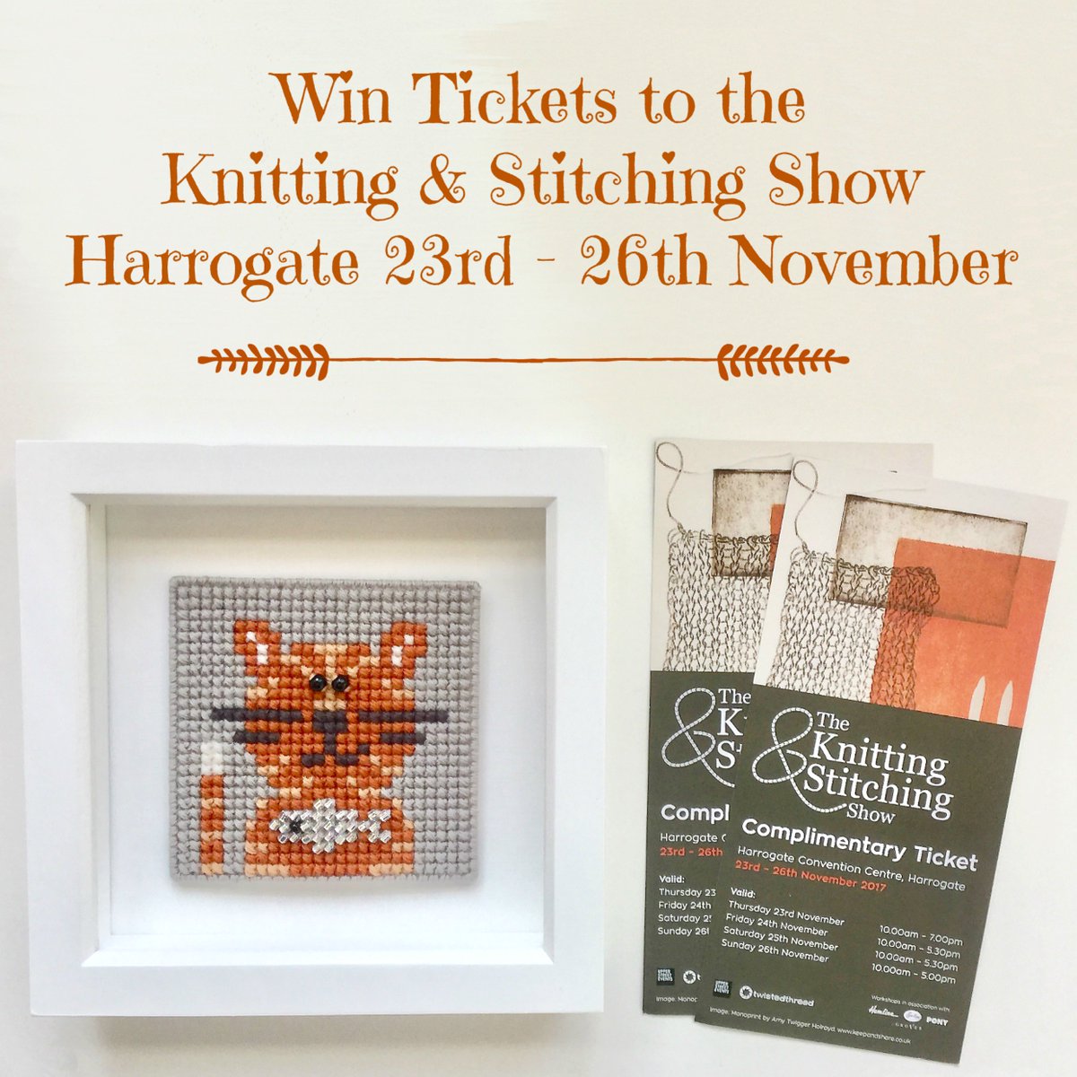 AnnsOrchard's tweet photo. Lovely tickets to give away to the @knitnstitchshow Harrogate 23rd to 26th Nov. Drop me a line by 3rd Nov for chance to win &amp; needlework kit https://t.co/b4pEZCcN7V