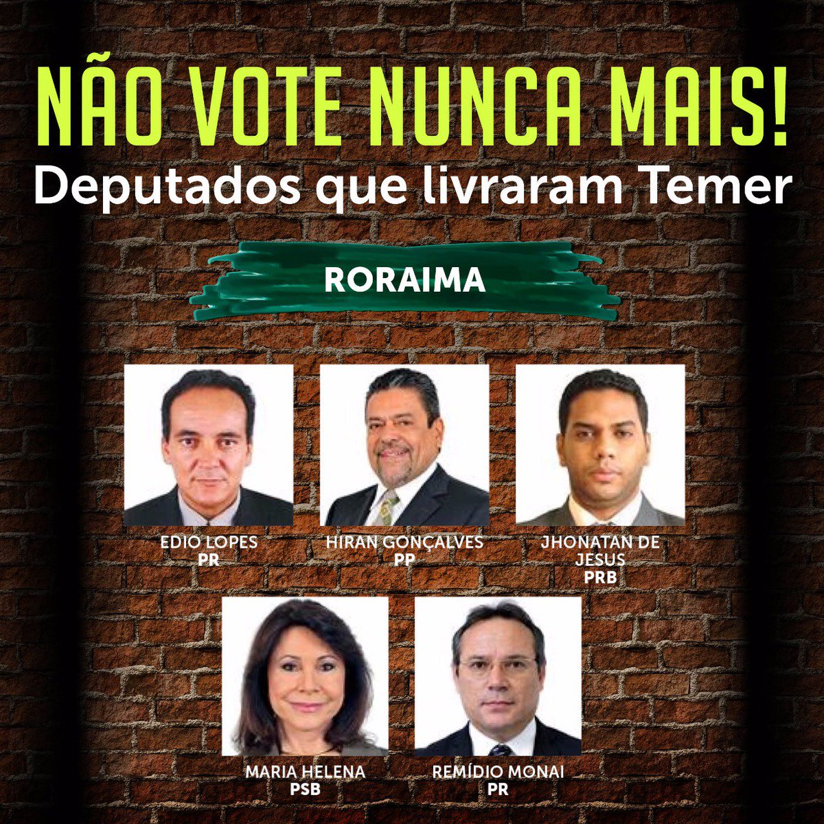 PTnaCamara's tweet photo. Veja os deps de Roraima que livraram Temer
Lembrete: bancada toda do @PTnaCamara votou pela investigação #PraSalvarOBrasilForaTemer #LulaDay https://t.co/jdhc5rjYdV