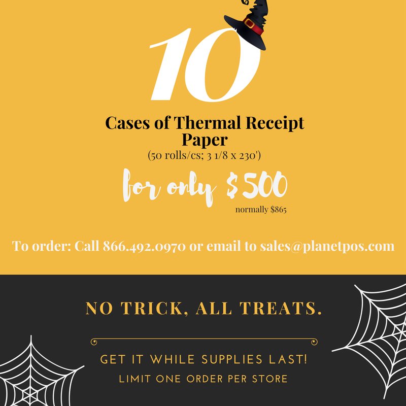 PlanetPOS_B2B's tweet photo. Treat yourself to an amazing deal! 10 cases of thermal receipt paper for only $500 While supplies last. #halloweensale #Halloween2017 https://t.co/KkyStPeUwX