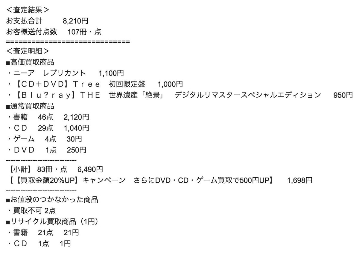 まひろ ネットオフに107点送った査定結果 まあこんなもんか 個別にアマゾンかメルカリで売った方が高いんだろうけど 機会費用考えるとなんとも