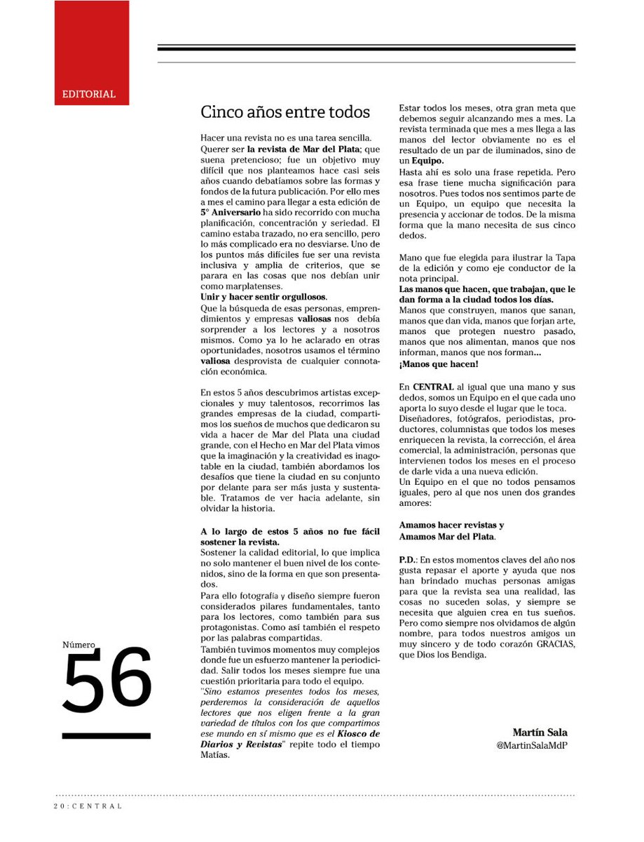 RevistaCentral1's tweet photo. El Editorial de @MartinSalaMdp para @RevistaCentral1 #56 "V Aniversario" @MaxiAbad @vilmabaragiola1 @arielcholociano @PFernandezmdp https://t.co/s3ikcy9ctE