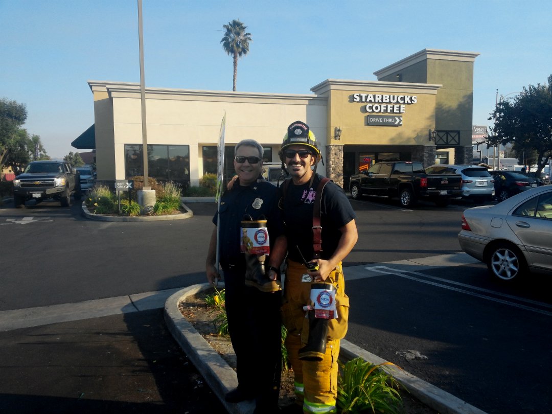 LakesideFire's tweet image. Lakeside Fire Chief Don Butz w/ FF-PM Andrew Shaba out helping with the  @MDASanDiego #FillTheBoot fundraiser this morning. #LakesideFire