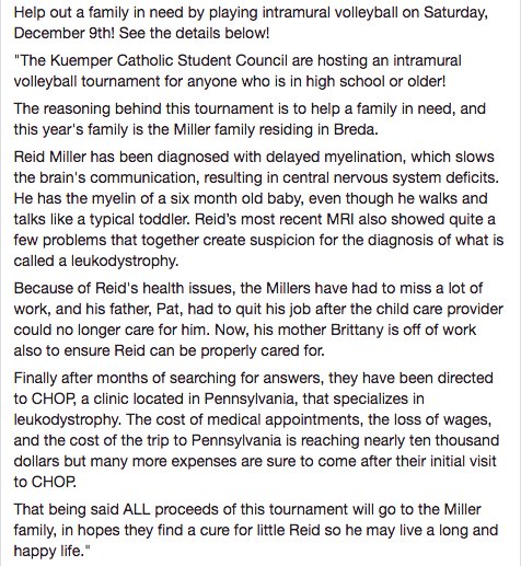 TigerVisionCHS's tweet photo. Help out a family in need by playing intramural volleyball on Saturday, December 9th! Reid Miller, toddler from Breda, could use your help! https://t.co/iKQei0a7np
