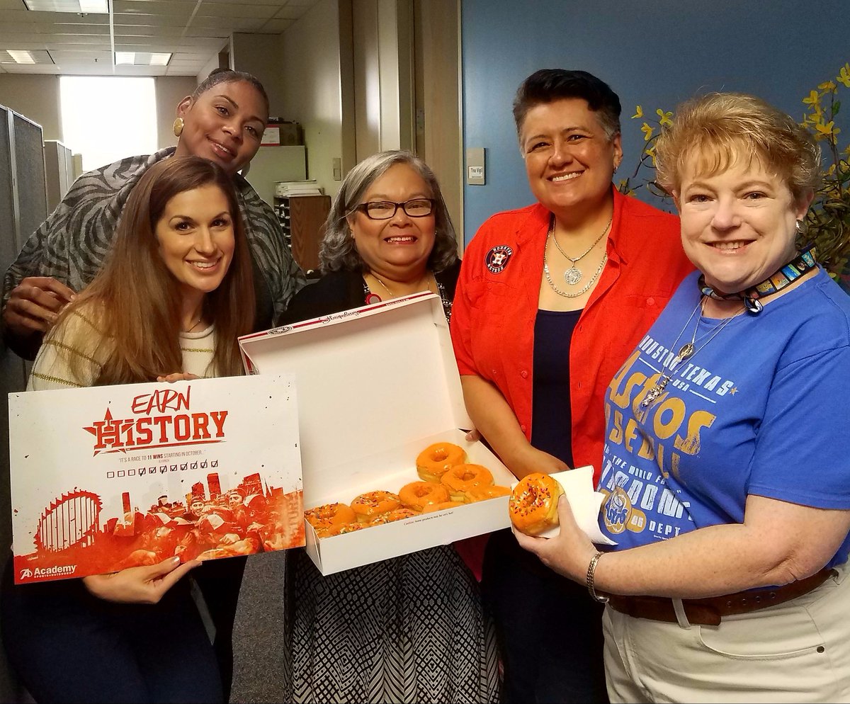 HouLit's tweet photo. Astros Spirit Day at HCL! Orange donuts in honor of today's game. We'll take one for the team! ;- ) 
GO 'STROS! #EarnHistory https://t.co/qAAUSWoCdb