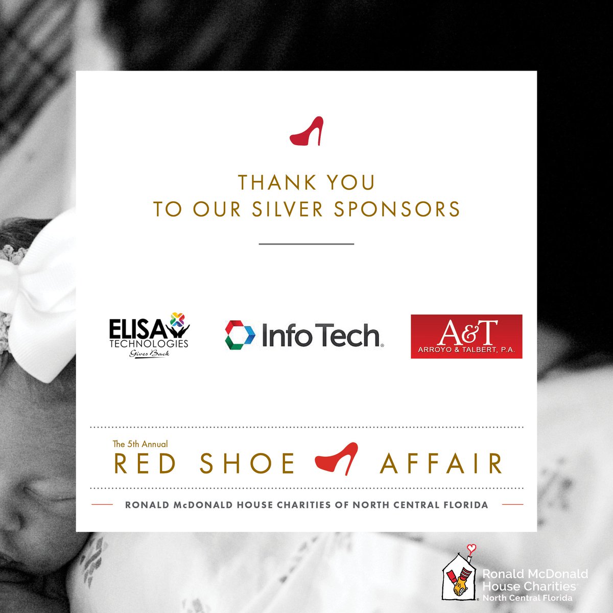 RMHCNCF's tweet photo. Thank you to a few #RedShoeAffair Silver Sponsors: @ElisaTech, @infotechinc, and Arroyo &amp; Talbert P.A.. #forRMHC #keepingfamiliesclose https://t.co/OsmHzMLdnX