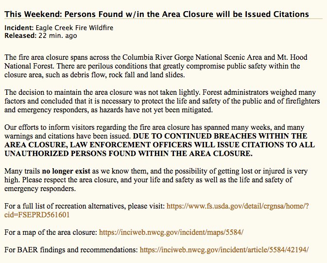 Find a safe recreation alternative this weekend! All unauthorized persons found within the #EagleCreekFire area closure will be issued citations. Entering the area closure is a Class B Misdemeanor. <a href="/CRGNSA/">ColumbiaRiverGorgeFS</a> @MtHoodNF inciweb.nwcg.gov/incident/artic…
