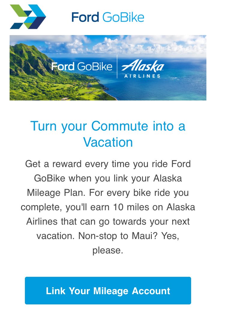 cg's tweet photo. For those Bay Area #pointslife people. 10 Alaska points per Ford GoBike ride. https://t.co/CW4CRurJ7O