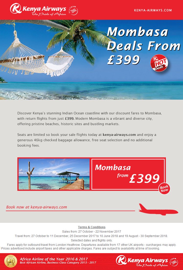 This fantastic offer from <a href="/KenyaAirways/">Official Kenya Airways</a> is giving us that #fridayfeeling! #Mombasa deals from £399! #TGIF #travel #coast #holiday #beach