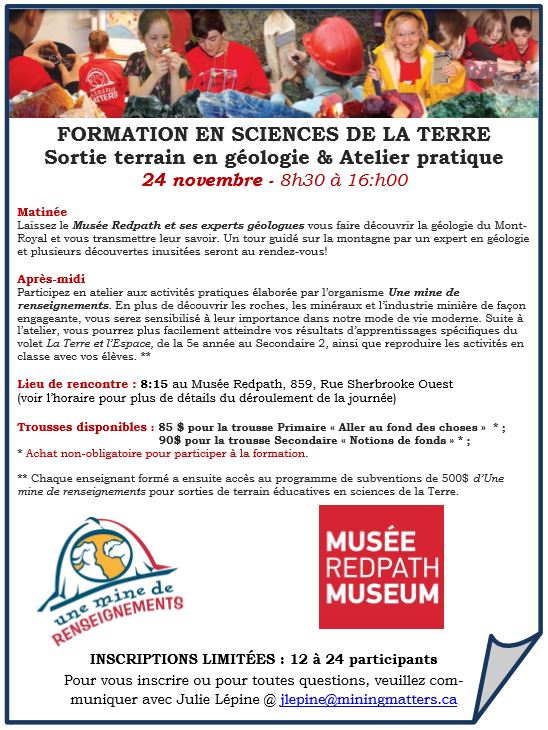 mmSchoolProgram's tweet image. Journée de #Formation en science de la 🌎à #MTL avec @RedpathMuseum @lemontRoyal #géologie du #MontRoyal et atelier pratique le 24 novembre