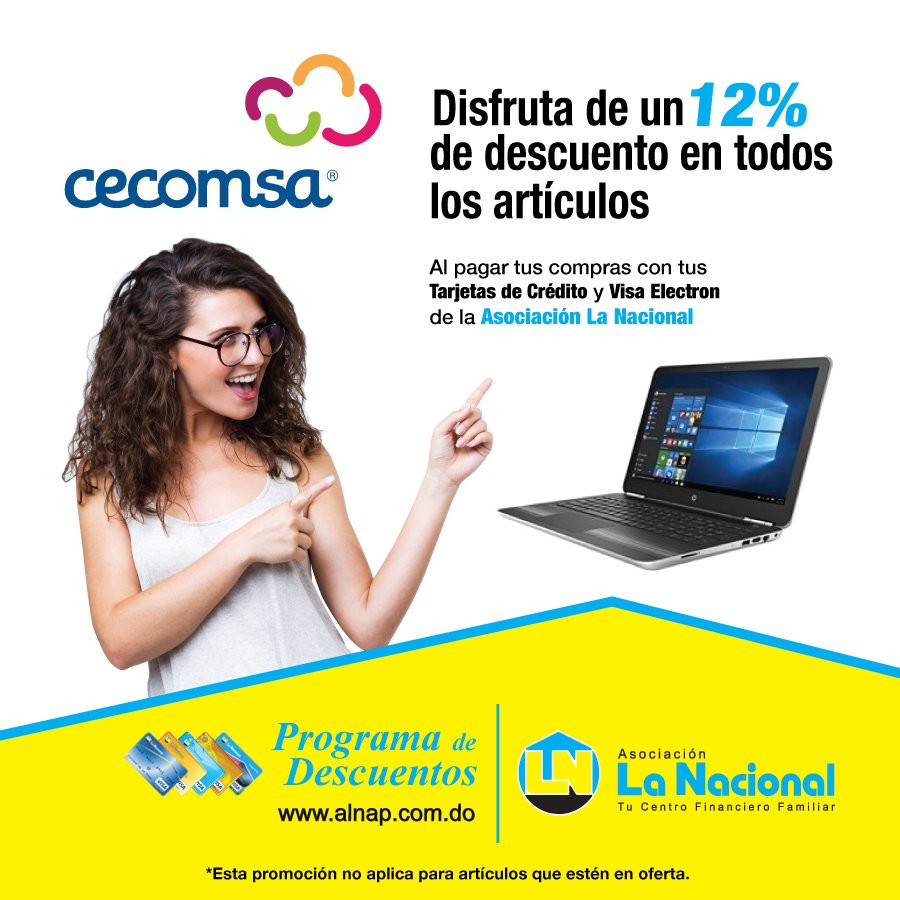 AsocLaNacional's tweet photo. ¿Qué esperas? Disfruta de un 12% de descuento en @CecomsaRD al pagar con tus #TarjetasDeCrédito y #VisaElectron de #LaNacional https://t.co/VvMUyXyuki
